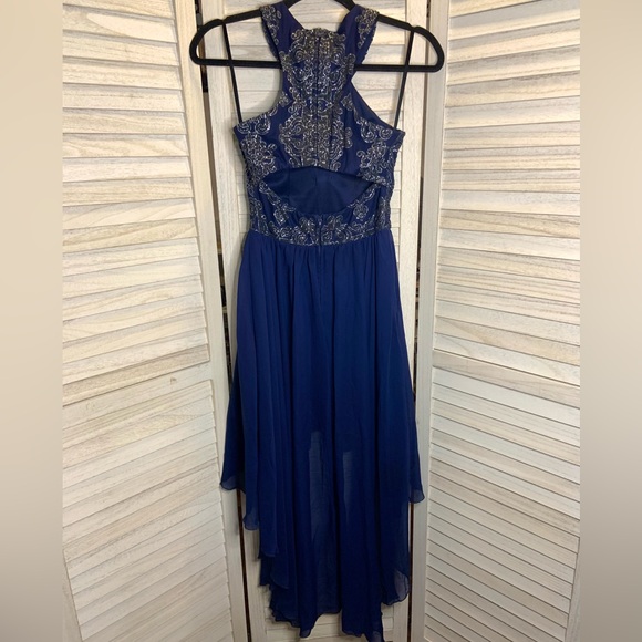 Xtraordinary Royal Blue Sparkly Beaded Filigree Halter Sheer High Low Prom Dress - Picture 4 of 11